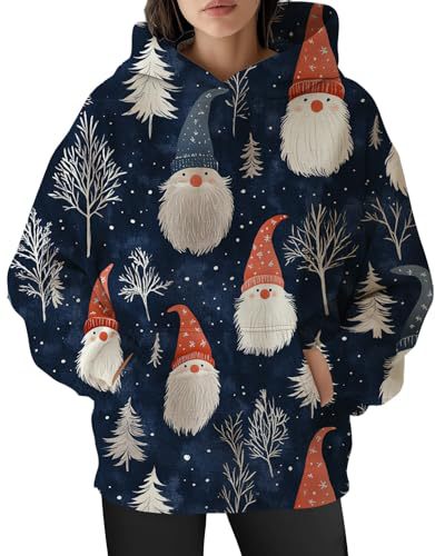 Women's Christmas Print Hoodie with Lantern Leaf Motif
