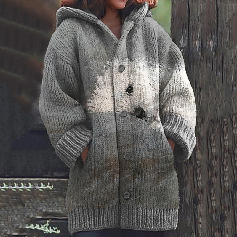 Women's Floral Leaf Print Hooded Button Cardigan Sweater