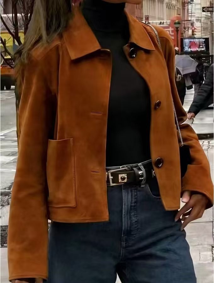 Suede Women's Slim Fit Single-Breasted Lapel Commuter Jacket