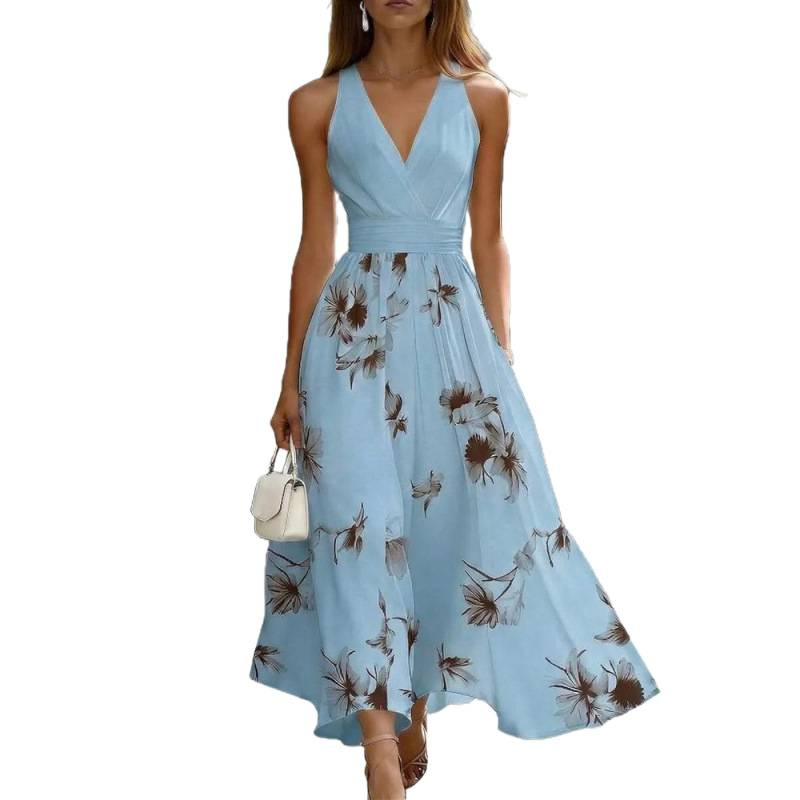 Sexy V-Neck Floral Print Sleeveless Open-Back High-Waist A-Line Maxi Dress