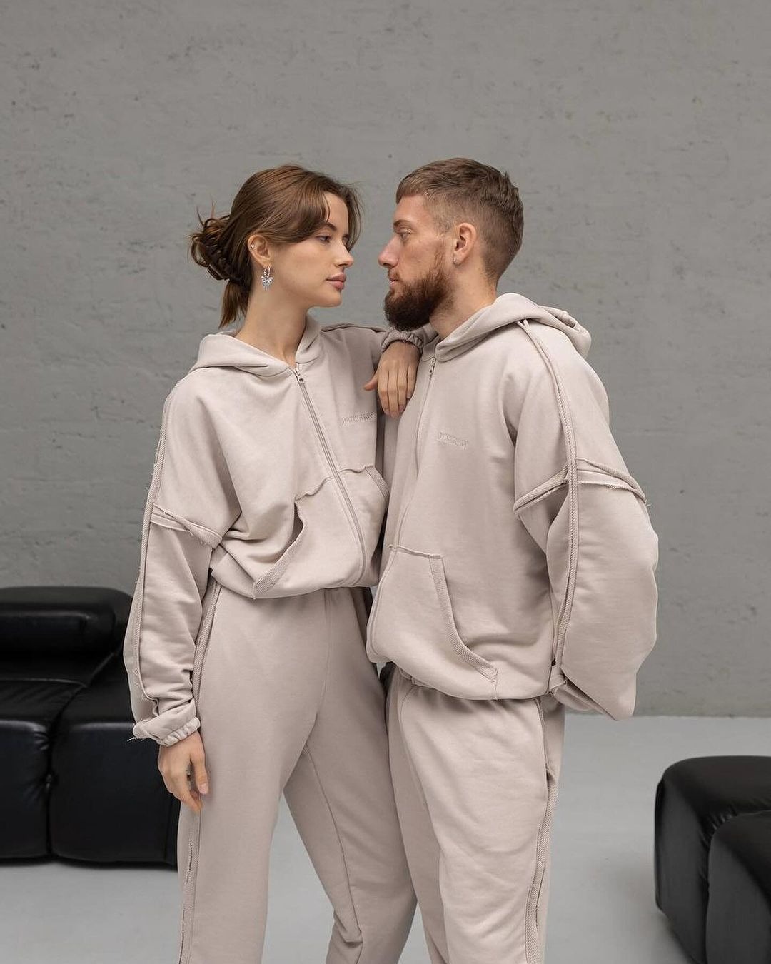Solid Color Hooded Sweatshirt and Pants Set for Couples