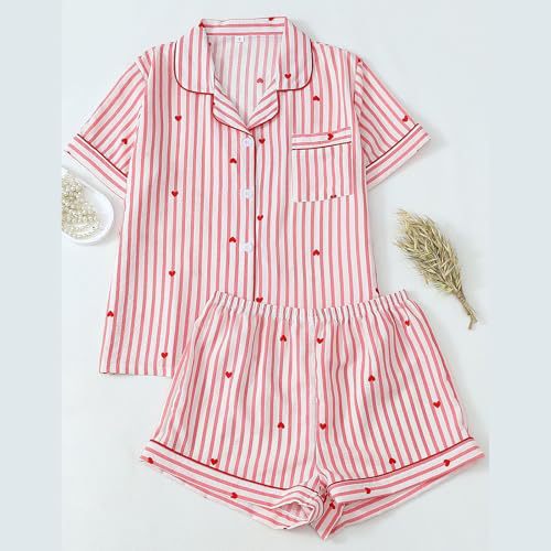 Women's Cuban Collar Polka Dot Heart Print Short Sleeve Shirt Set
