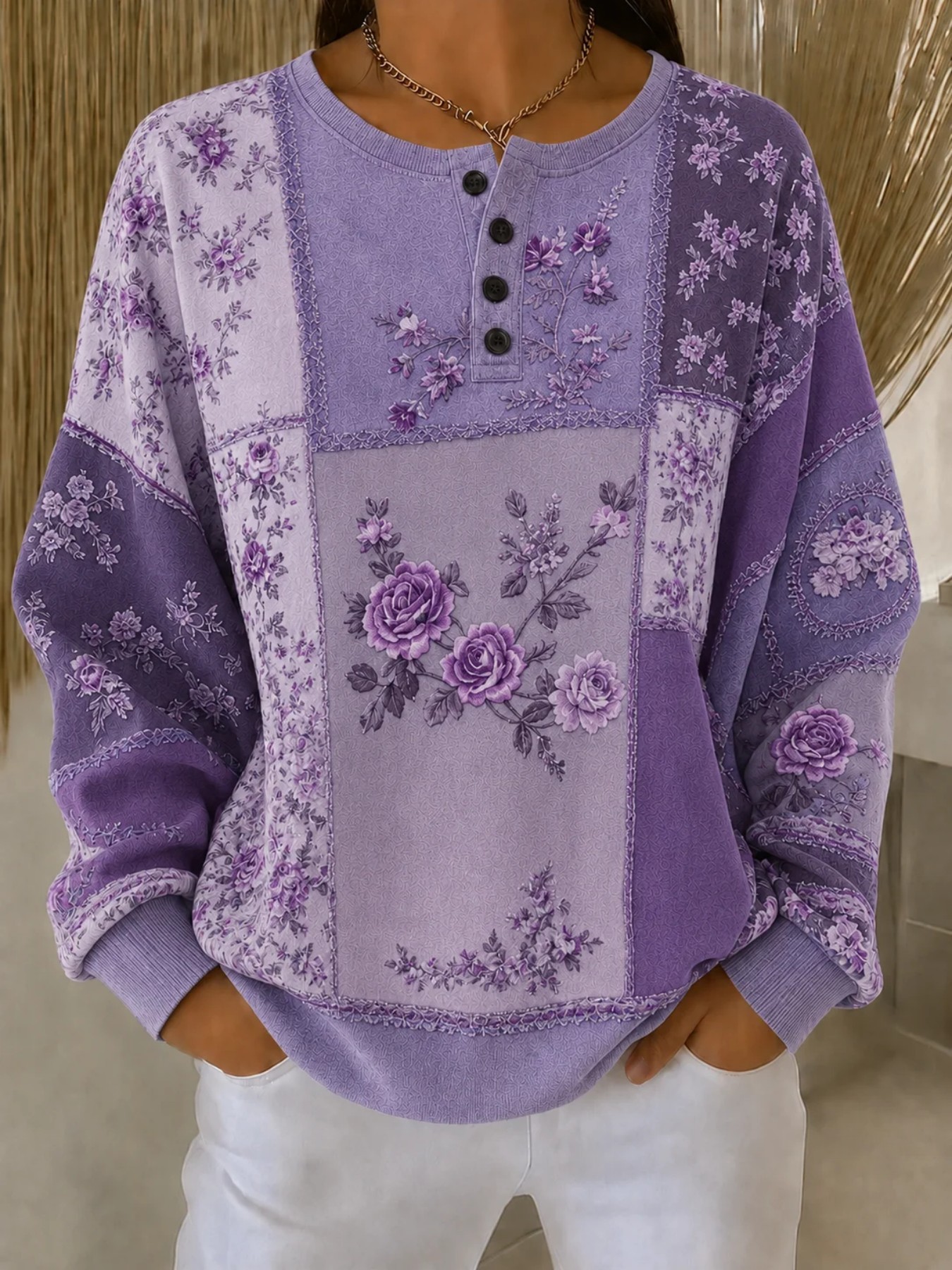 Women's Vintage Floral Print Button Sweatshirt