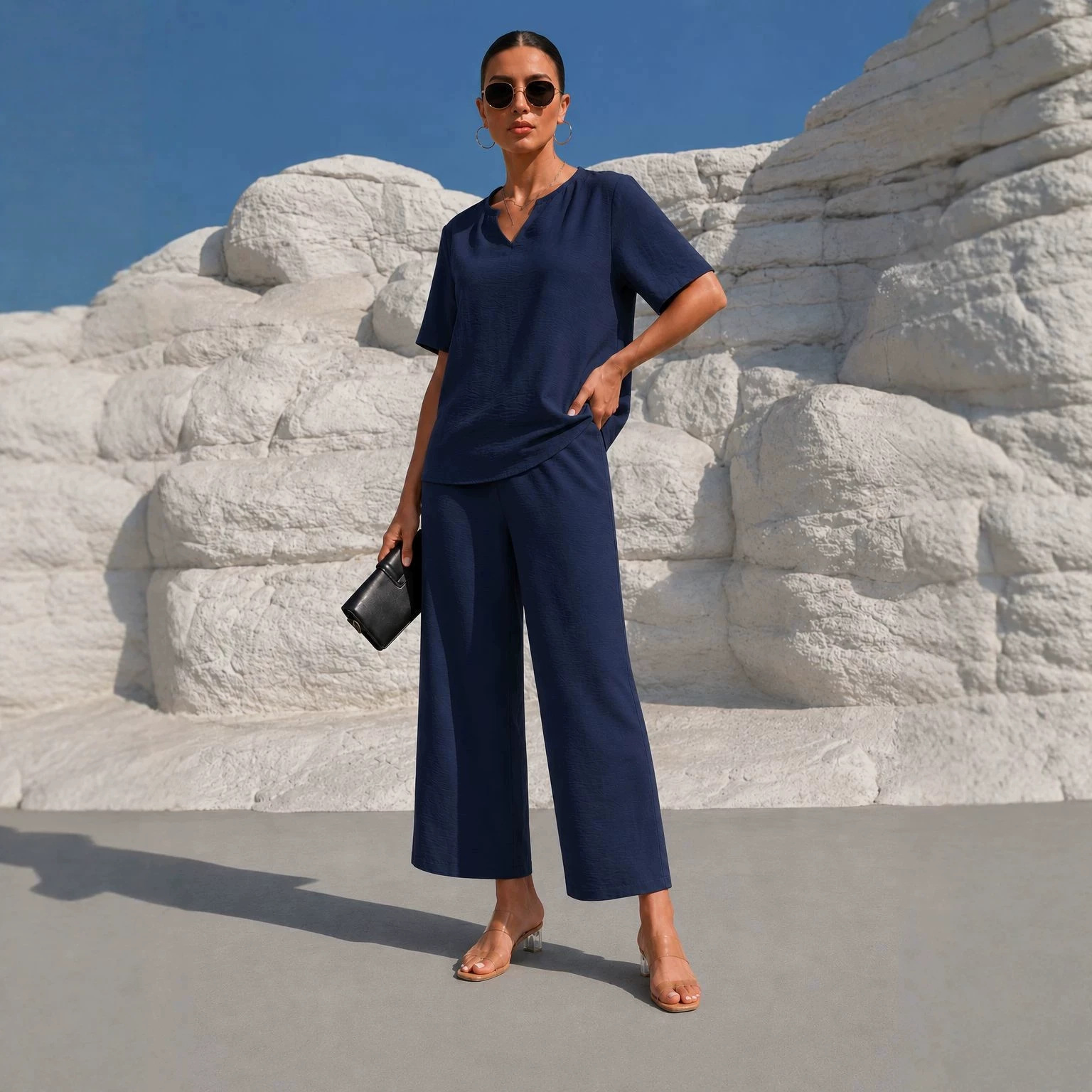 Women's Solid V-Neck Short-Sleeve Top & Wide-Leg Cropped Pants Vacation Set