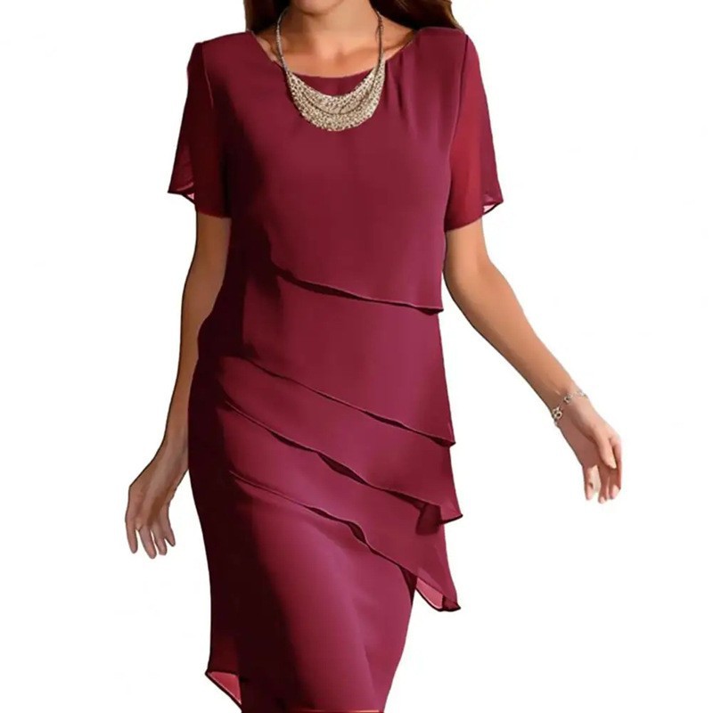 Summer Slim-Fit Chiffon Dress with Round Neck and Short Sleeves