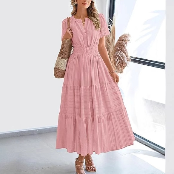Women's V-Neck Ruffle Bubble Sleeve Layered Maxi Dress