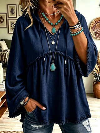 Annuo Self-Developed 2026 Europe & America Cross-Border Autumn/Winter New Women's Clothing Fall Loose Drawstring 3/4 Sleeve Casual Top for Women