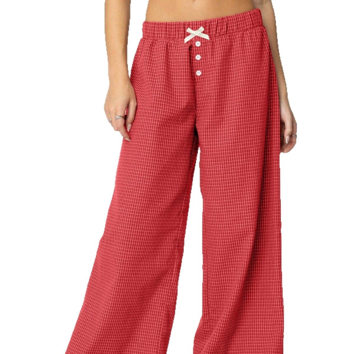 Plaid Print Straight Leg Elastic Waist Lace Trim Pants