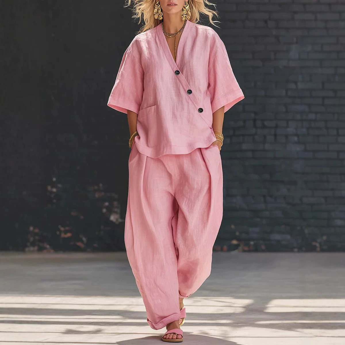 V-Neck Short Sleeve Top and High-Waist Pants Two-Piece Set