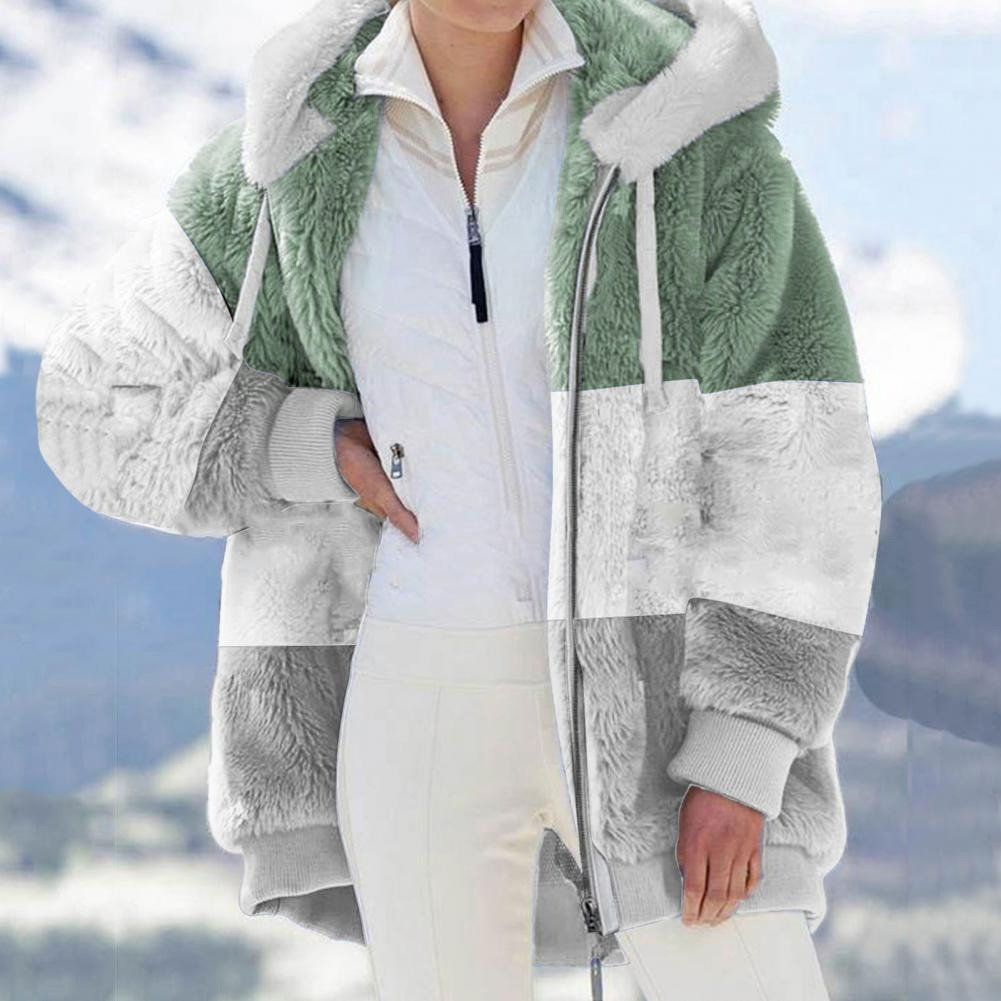 Women's Warm Fleece Color-Block Zip Hooded Loose Coat