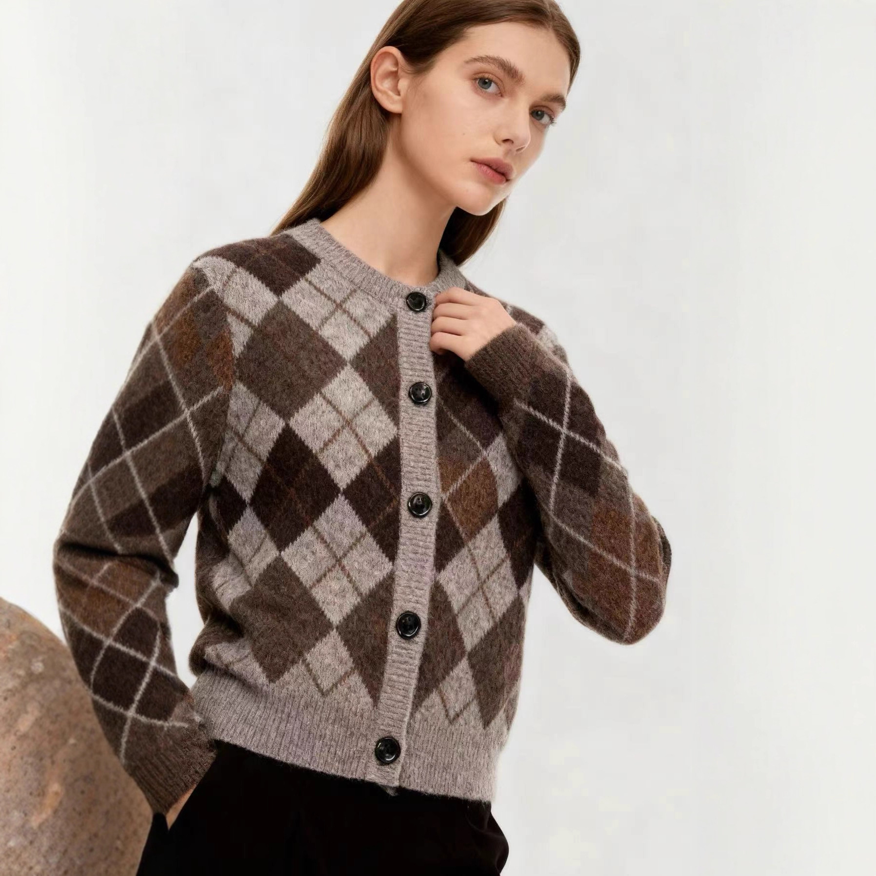 Women's Argyle Knit Cardigan Sweater Long Sleeve Crew Neck