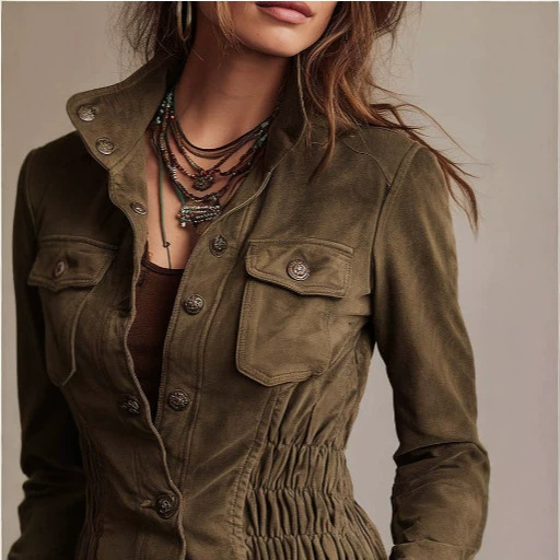 Women's Olive Green Cinched Waist Casual Jacket
