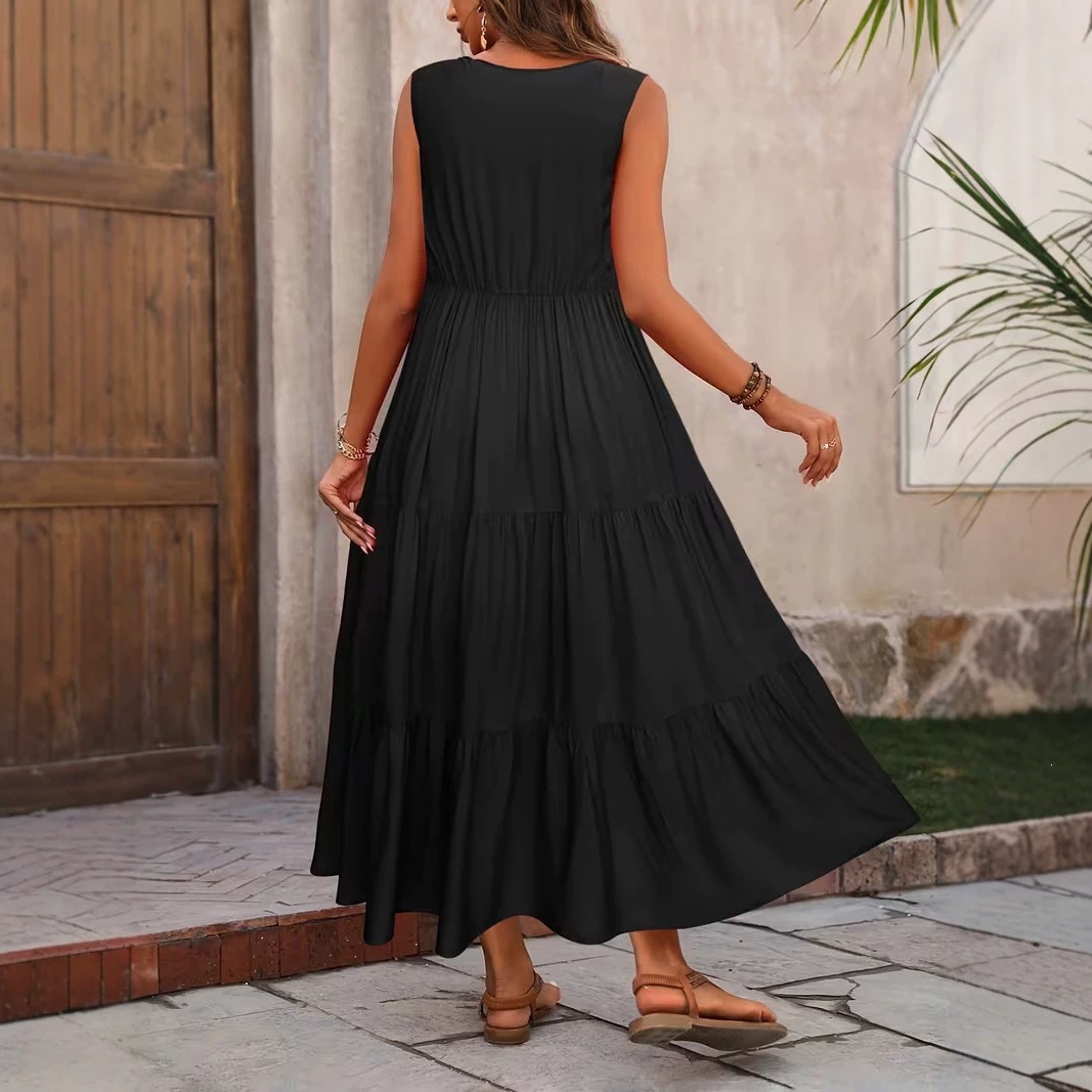 Elegant Solid V-Neck Tiered Ruffle Sleeveless Maxi Dress