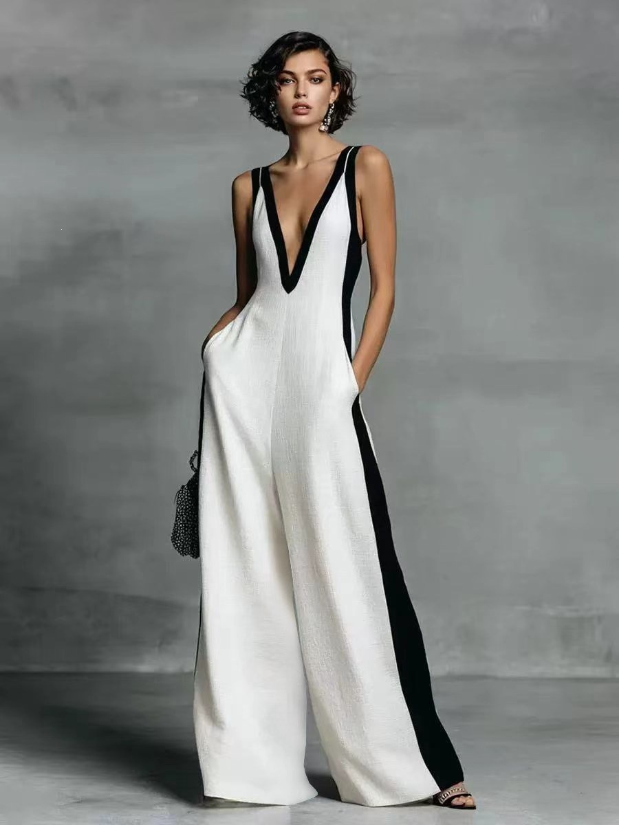 Women's Sleeveless V-Neck Colorblock Wide-Leg Jumpsuit