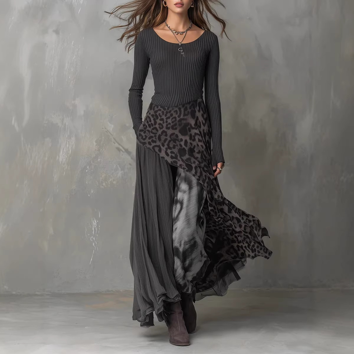 Leopard Print Elastic Waist Flowy Casual Dress