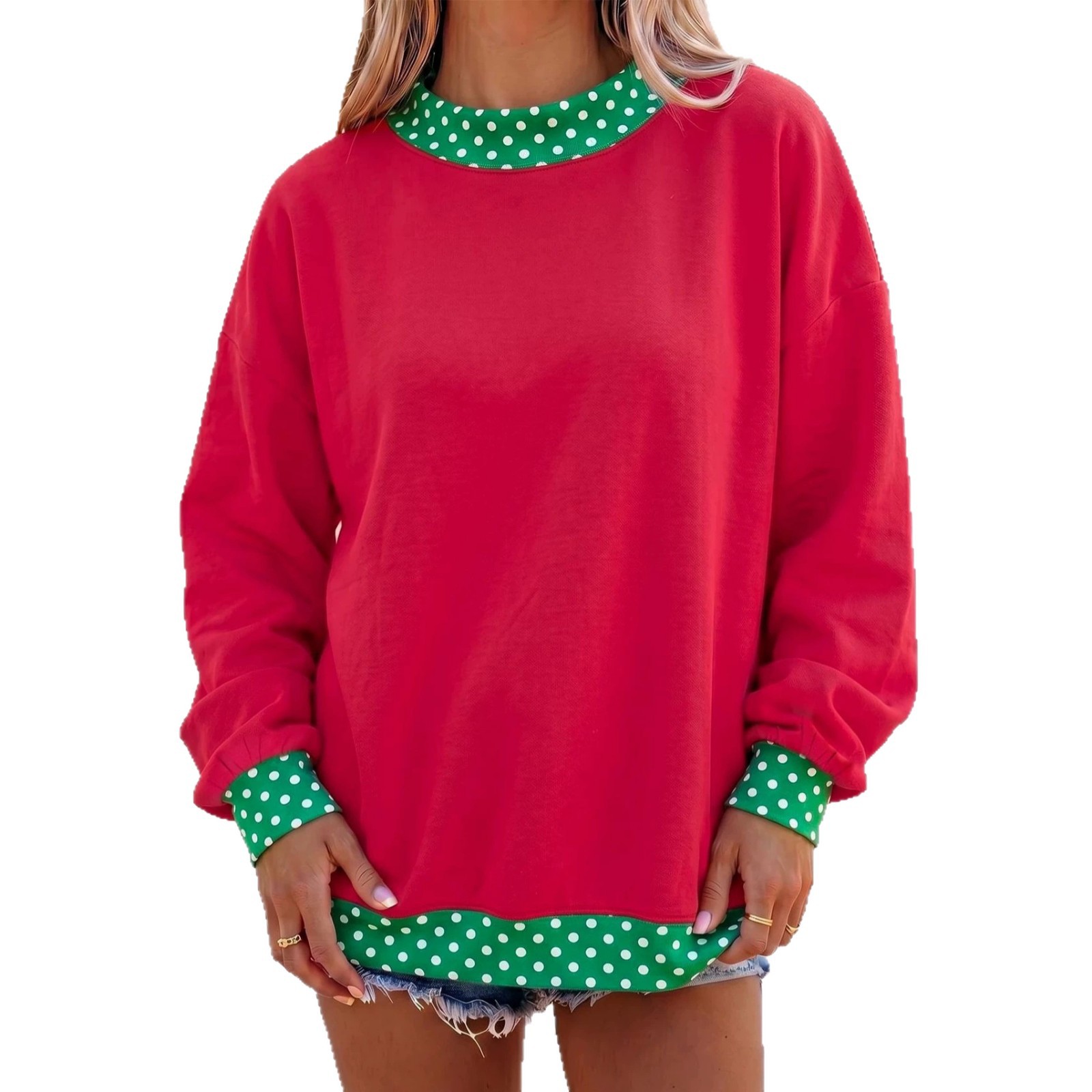 Color-Block Polka Dot Crewneck Loose Fit Women's Sweatshirt