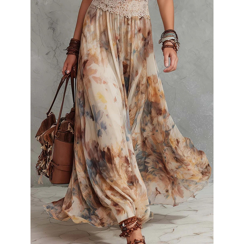 Women's Vintage Oil Painting Floral Sleeveless Midi Dress with Waist