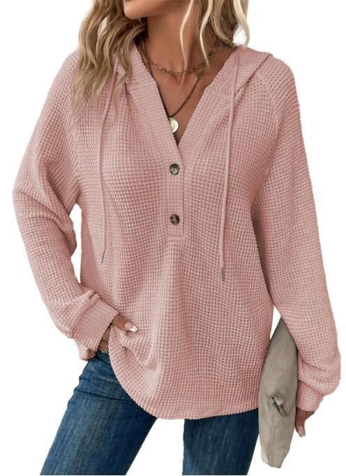 Women's Waffle Knit Drawstring Button V-Neck Hooded Sweatshirt