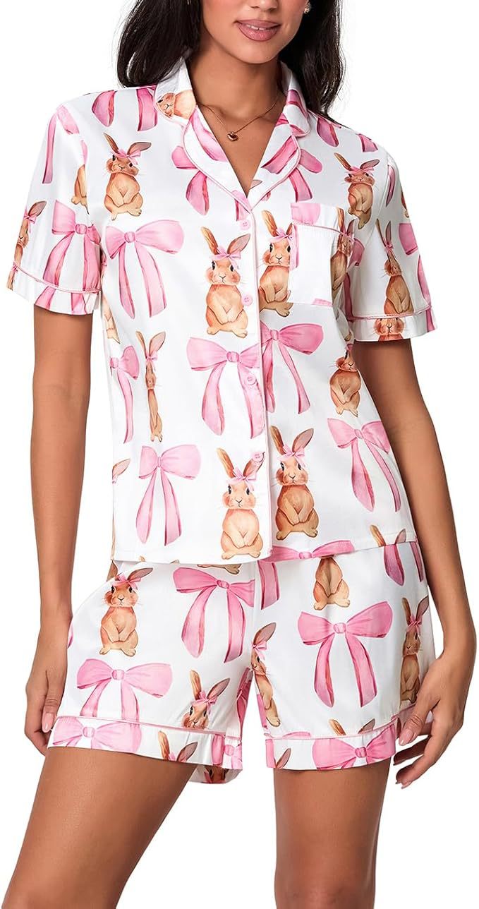Women's Cuban Collar Rabbit Print Two-Piece Set with Ribbon