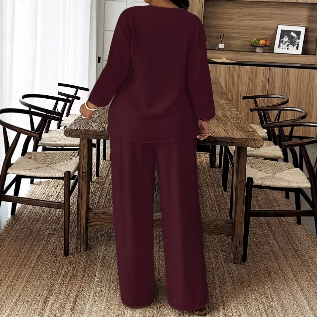 Women's Long Sleeve Cardigan & Wide-Leg Pants Two-Piece Set Solid Color Casual Elegant