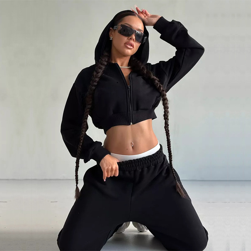 Sexy Cropped Hooded Cardigan and Pants Set Long Sleeve