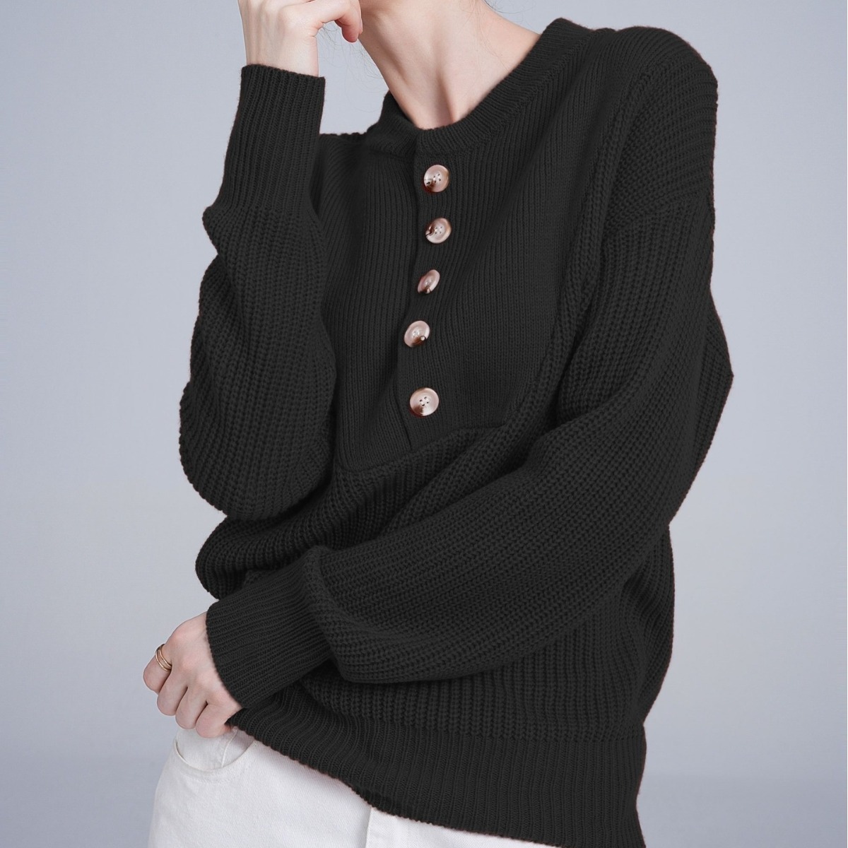 Women's Plus Size Knit Sweater with Buttons, Round Neck, Long Sleeve, Thickened Pullover
