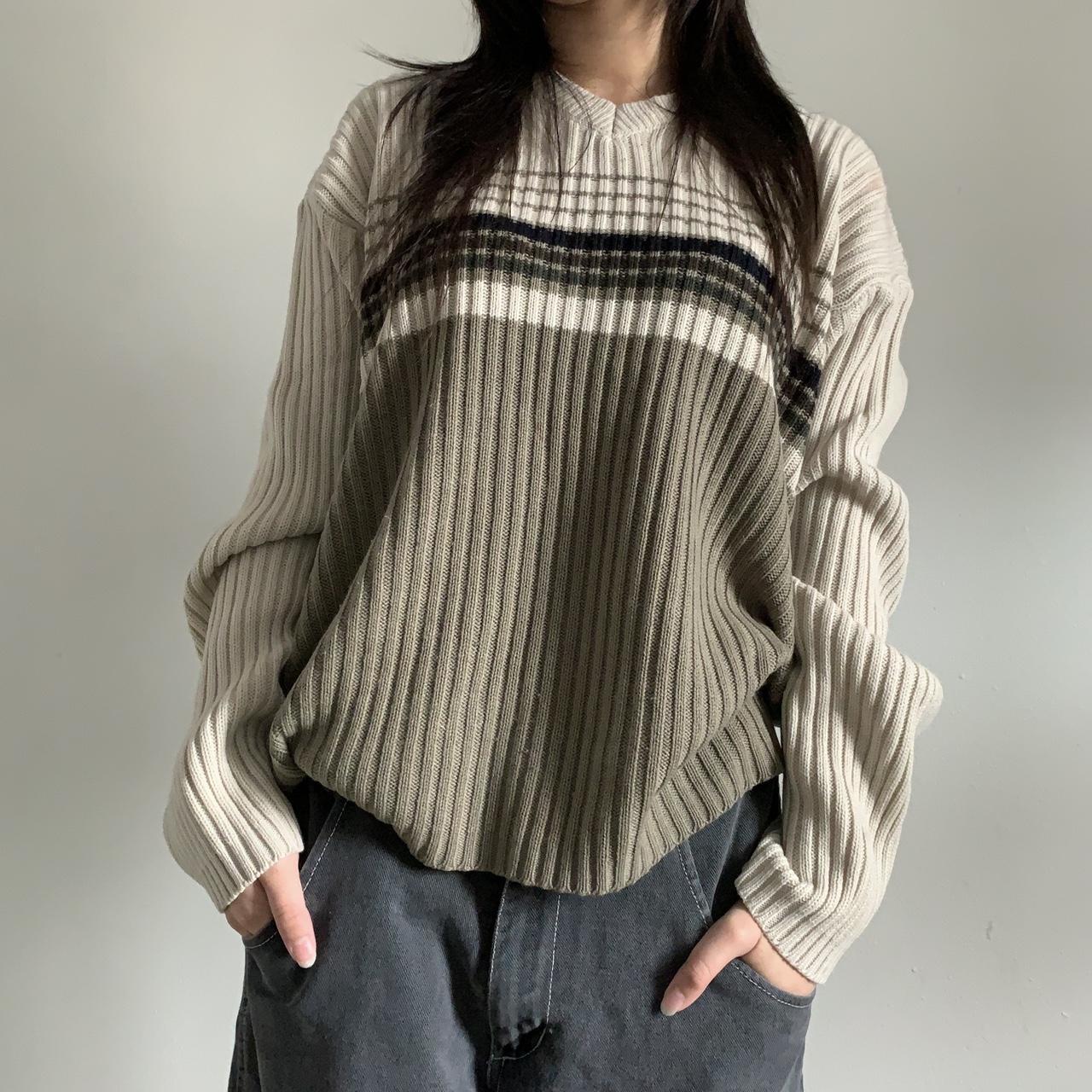 V-Neck Striped Color-Block Loose Knit Sweater