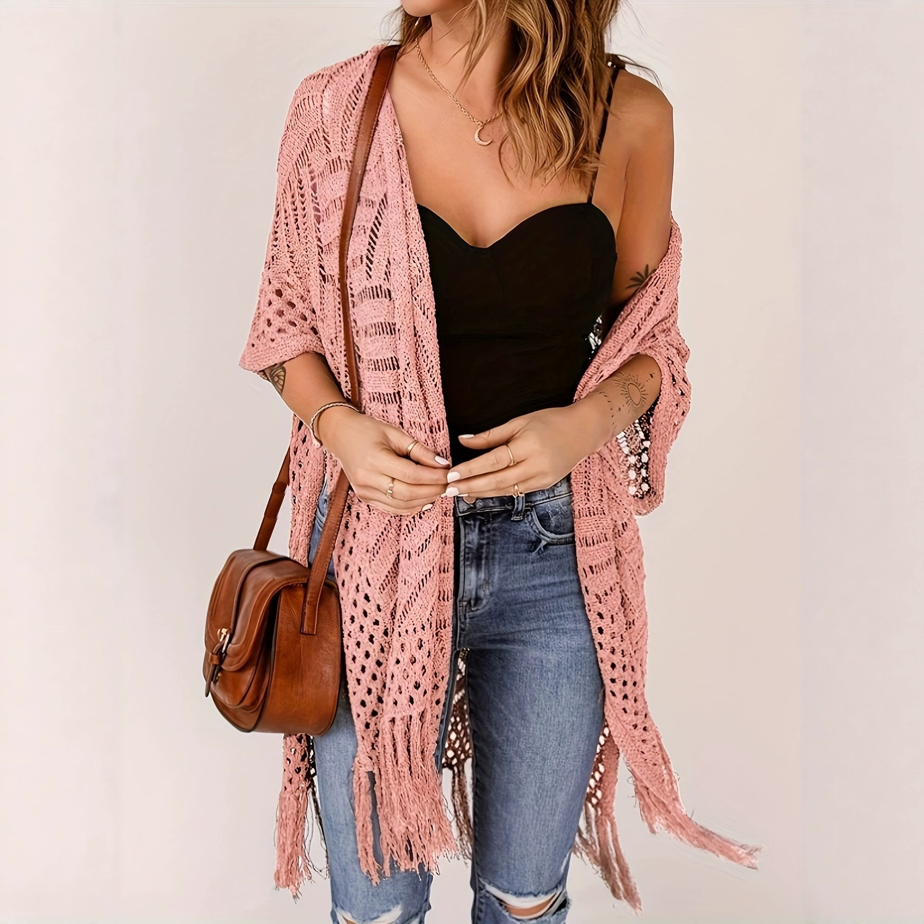 Plus Size Sheer Fringe Knit Bikini Cover-Up Beach Cardigan