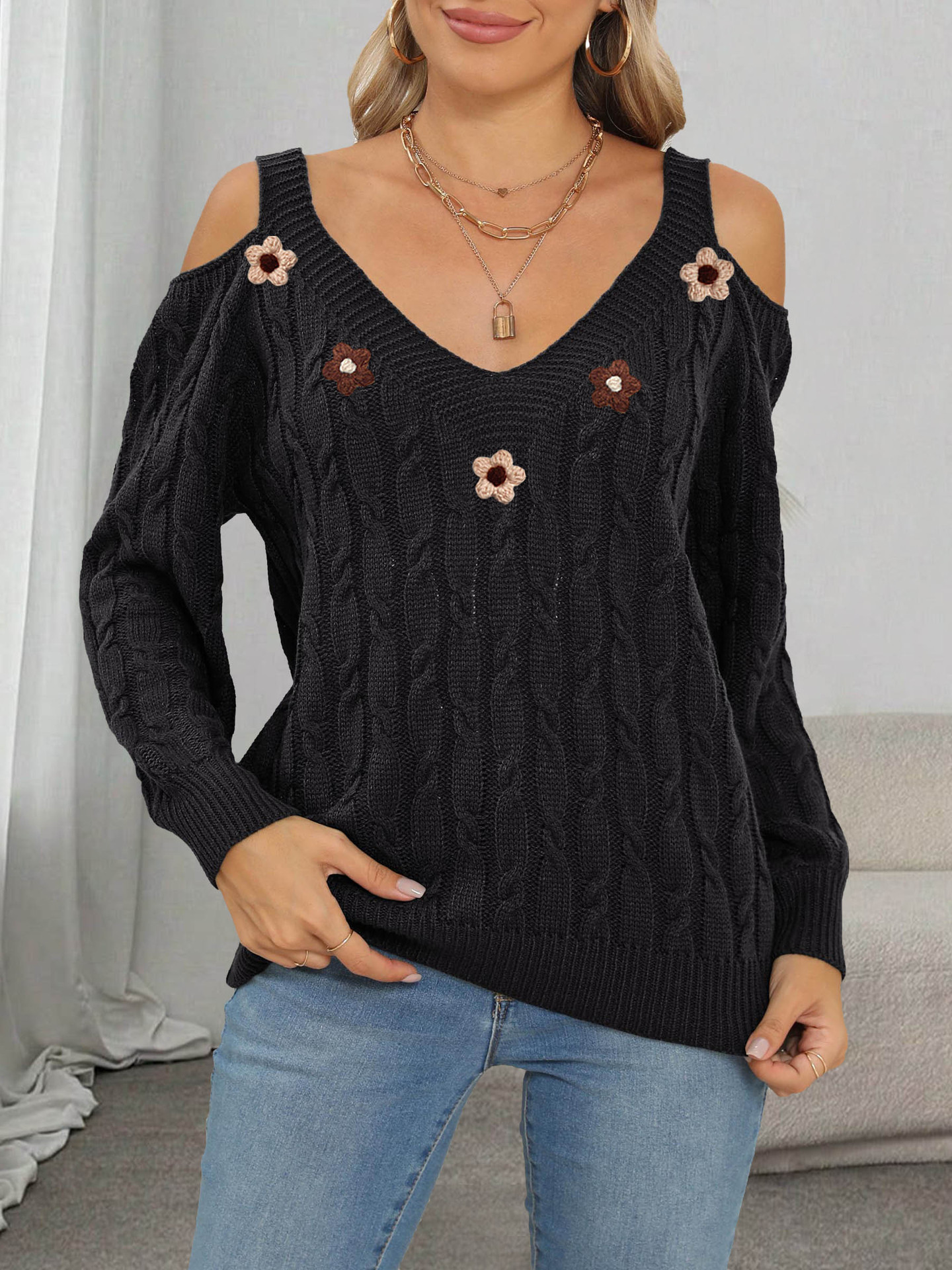 Women's Cold-Shoulder Cable-Knit Pullover Sweater with Crochet Floral Detail