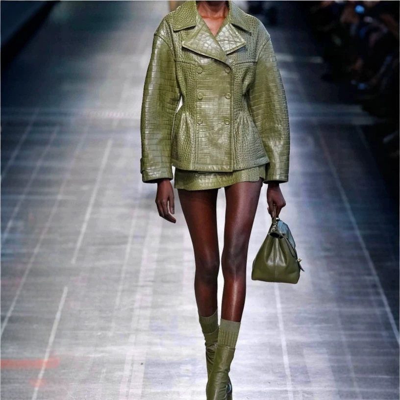 Crocodile-Embossed Faux Leather Cinched Single-Breasted Lapel Jacket and Mini Skirt Set