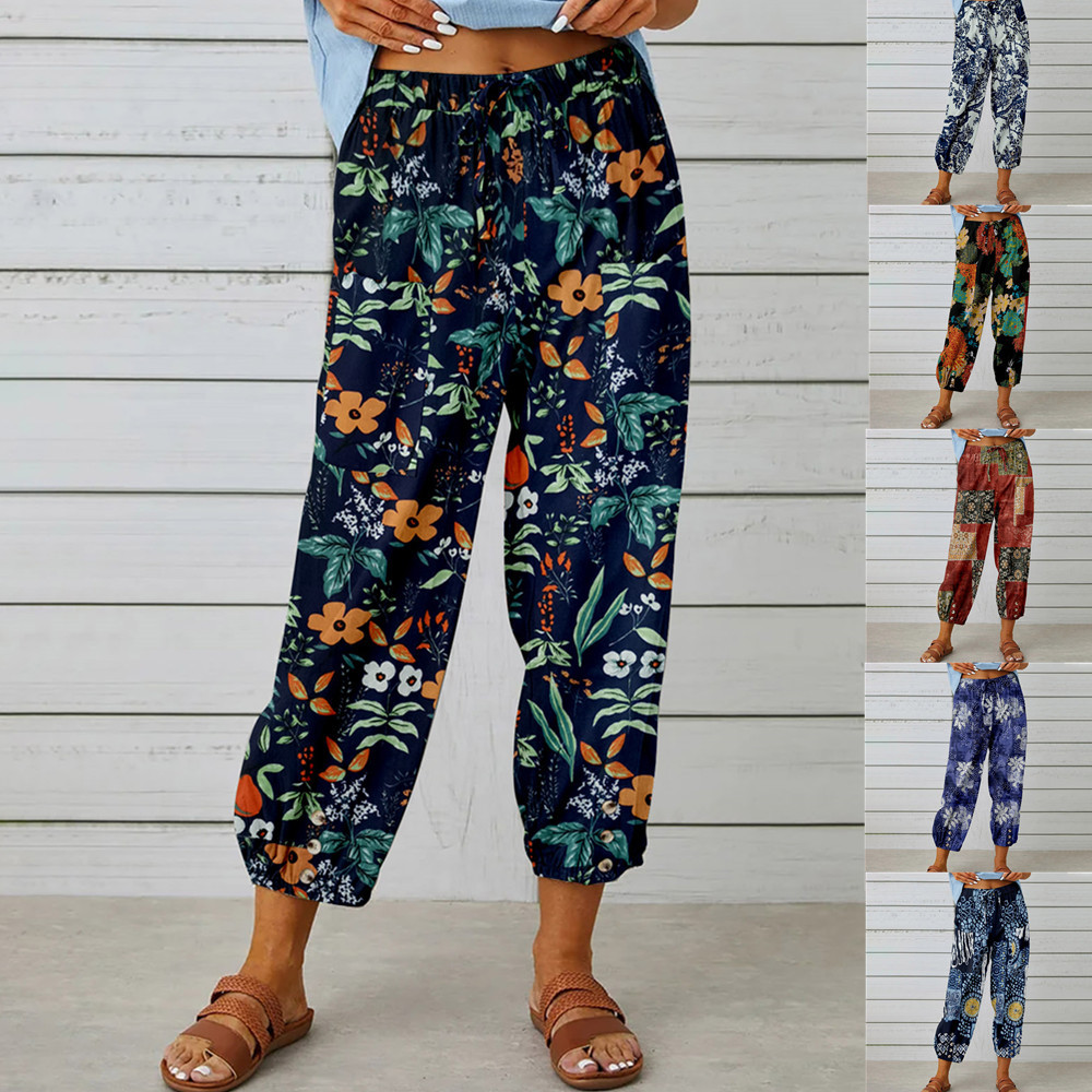 Cotton-Linen High-Waist Drawstring Cropped Pants with Vintage Print
