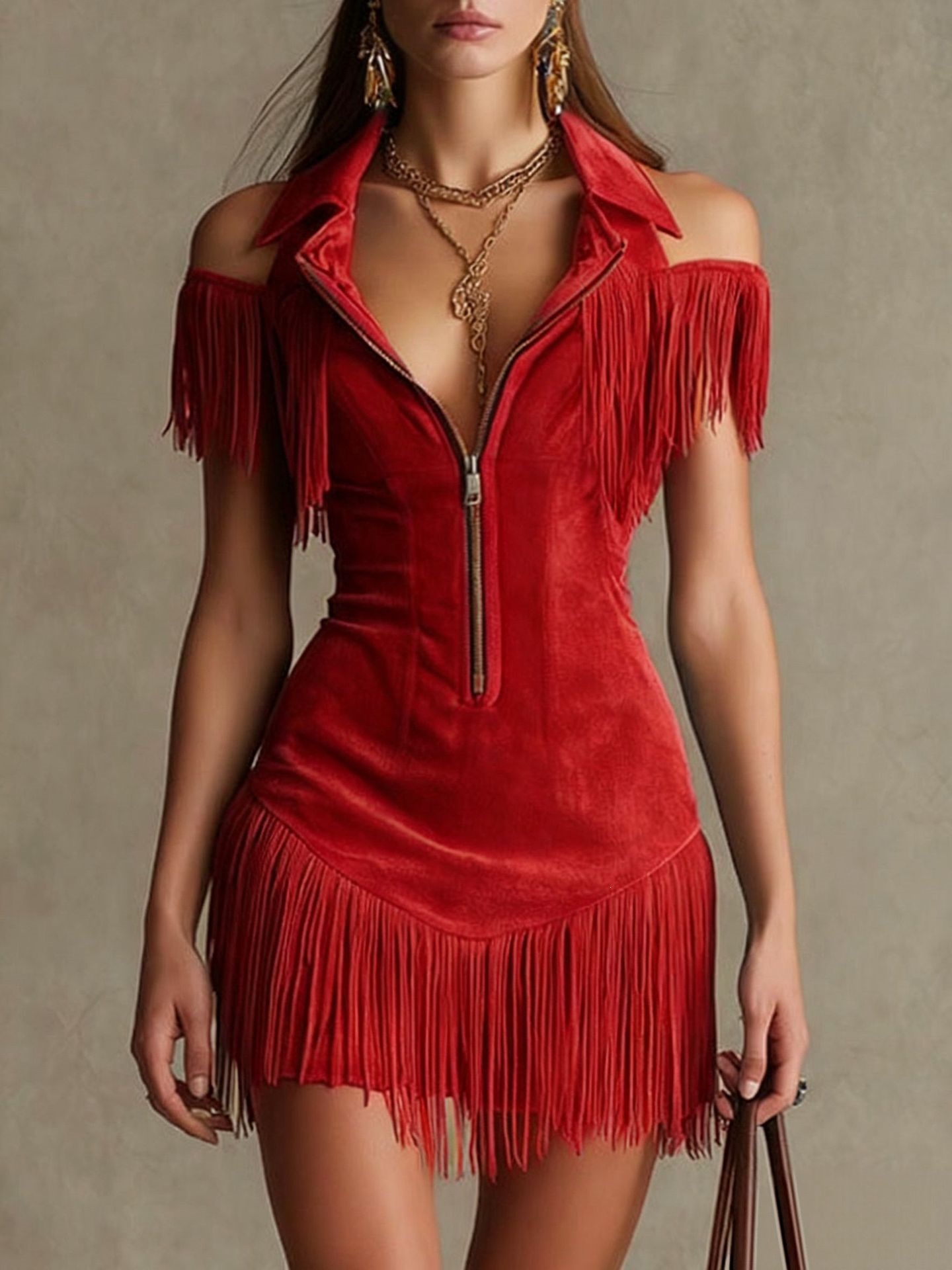 Y2K Faux Suede Fringe Off-Shoulder Western Bodycon Mini Dress