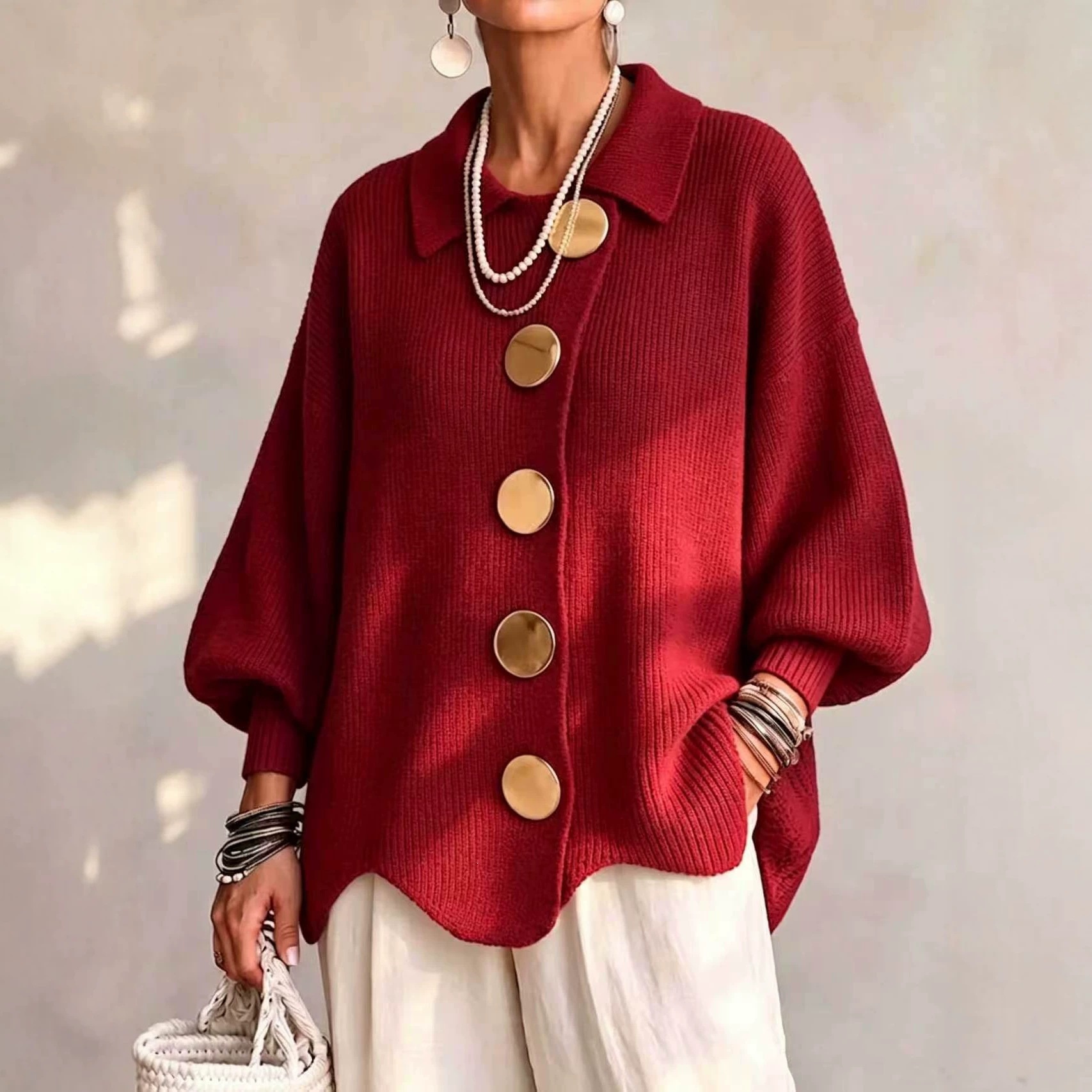 Button-Front Knit Collared Cardigan Sweater Coat