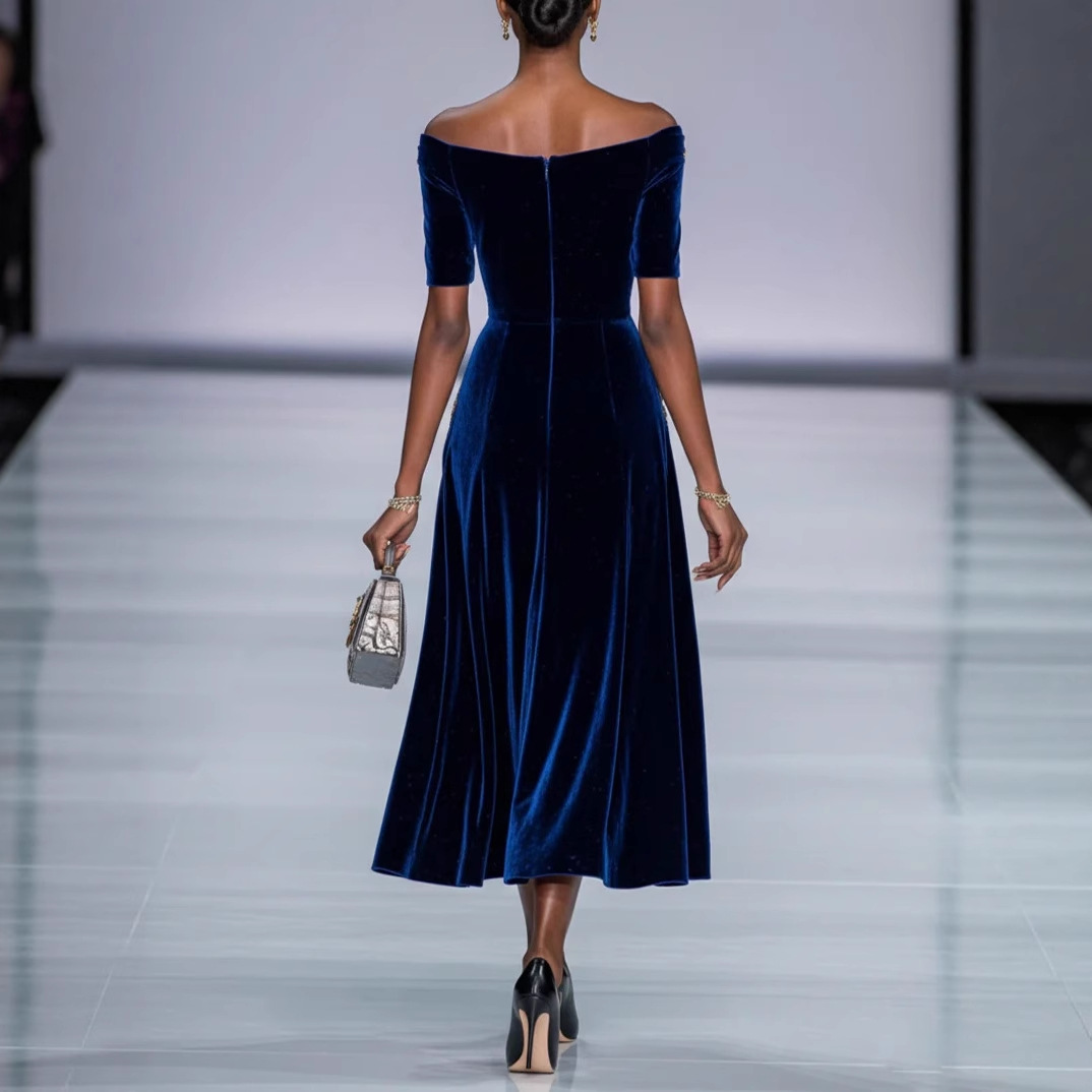 Embroidered Off-Shoulder High-Waist Midi Dress