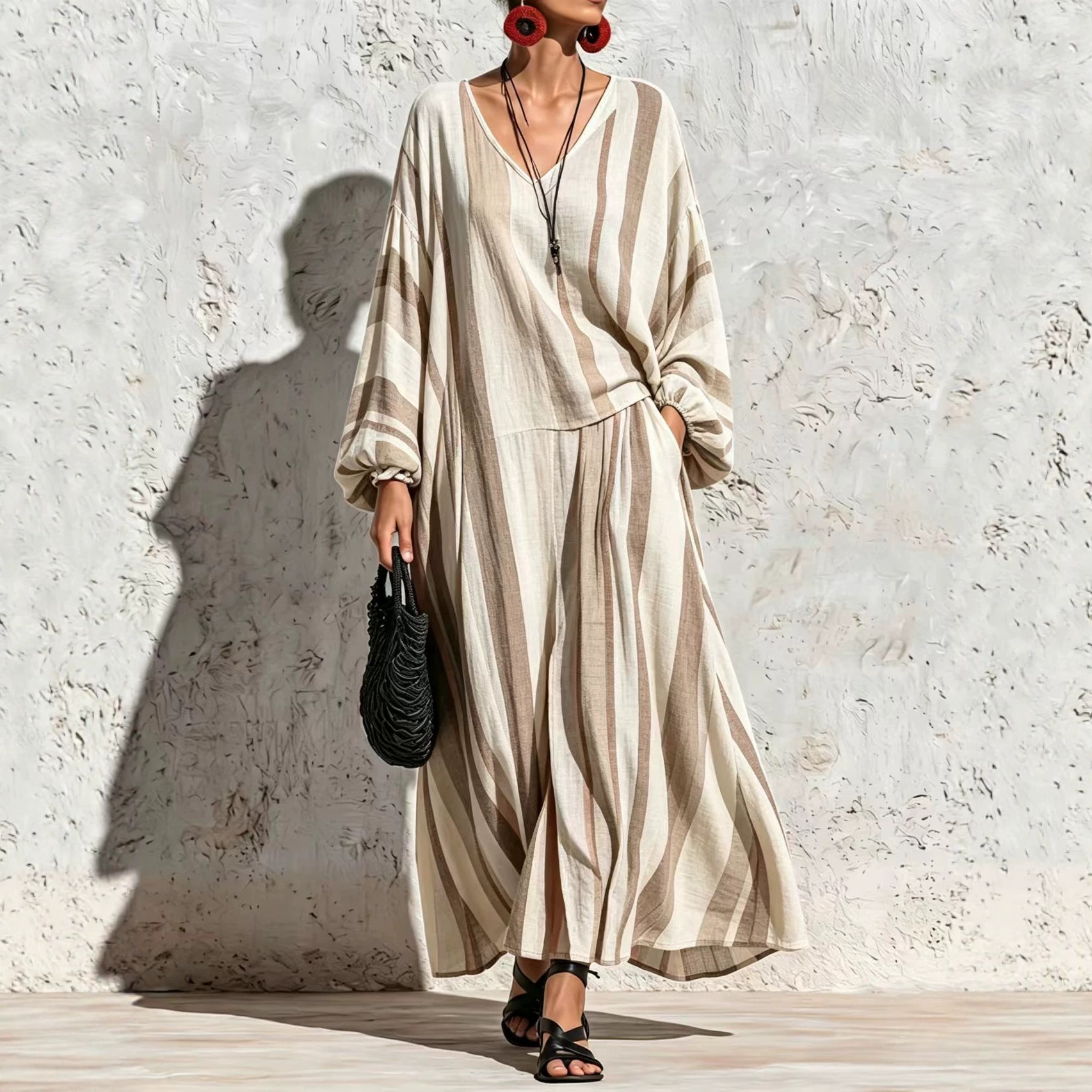 Striped Print V-Neck Long Sleeve Top & Wide-Leg Pants Set
