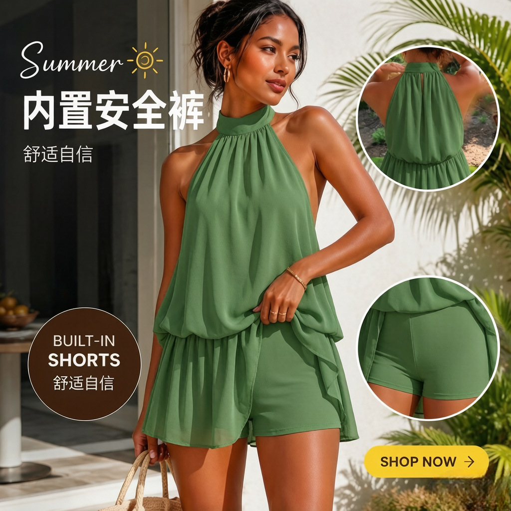 Women's Halter Open-Back Tie Chiffon A-Line Mini Dress with Built-in Shorts