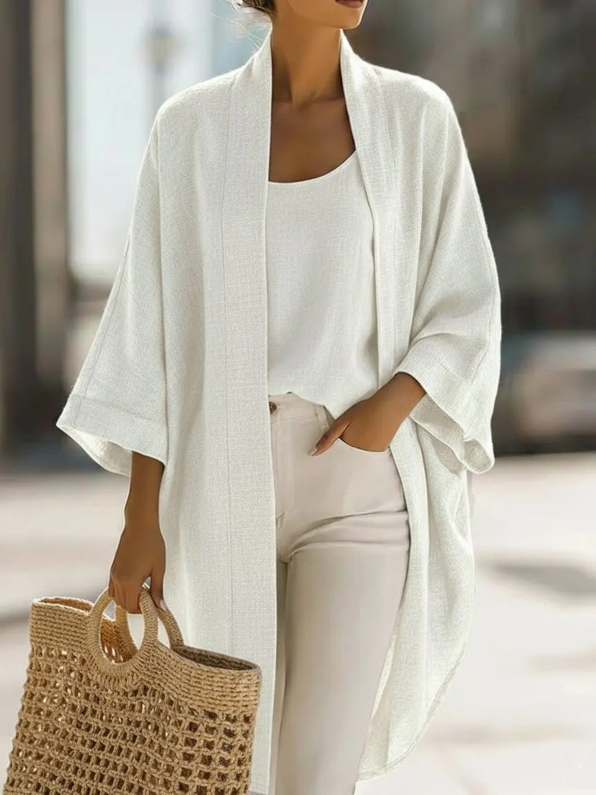 Women's Solid Color Cardigan & Tee Two-Piece Set Casual Loose Fit