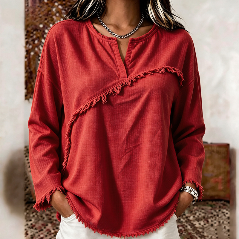 Women's Textured Fringe Tassel Retro Crewneck Long Sleeve Top Blouse