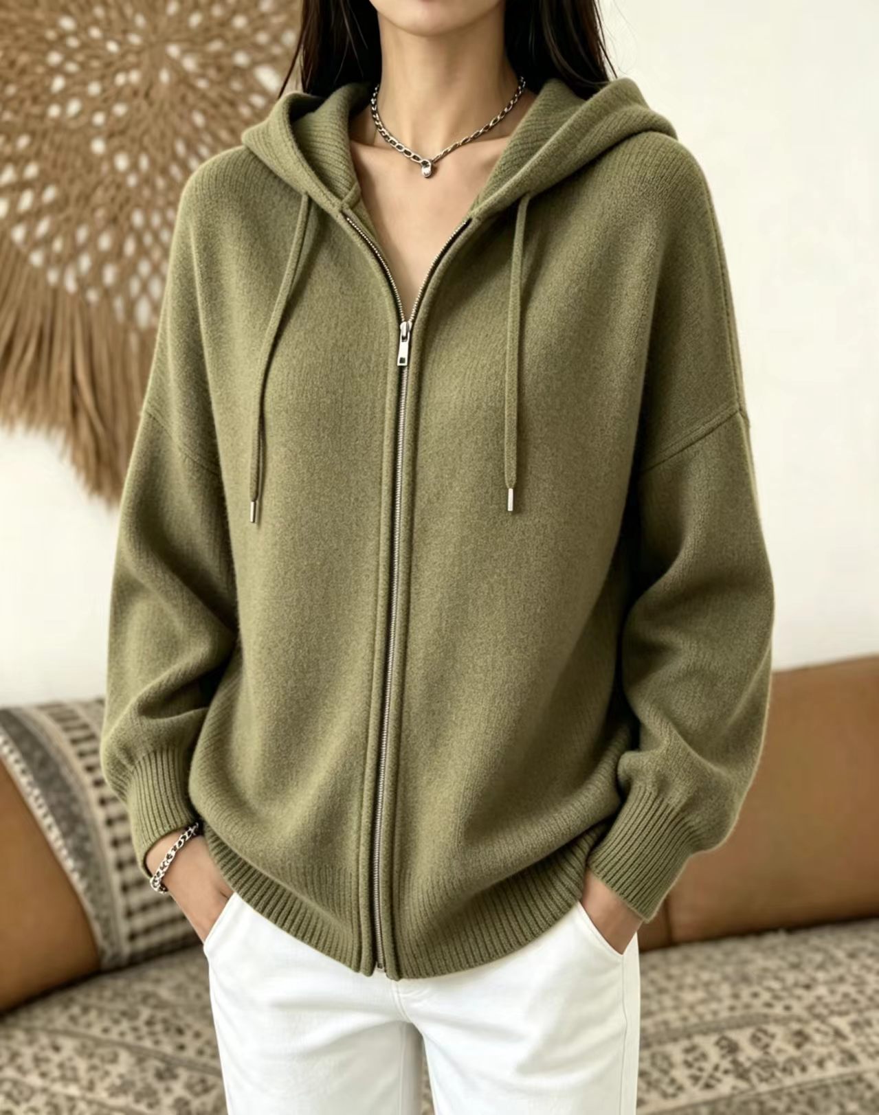 Women's Zip-Up Hooded Knit Cardigan Sweater