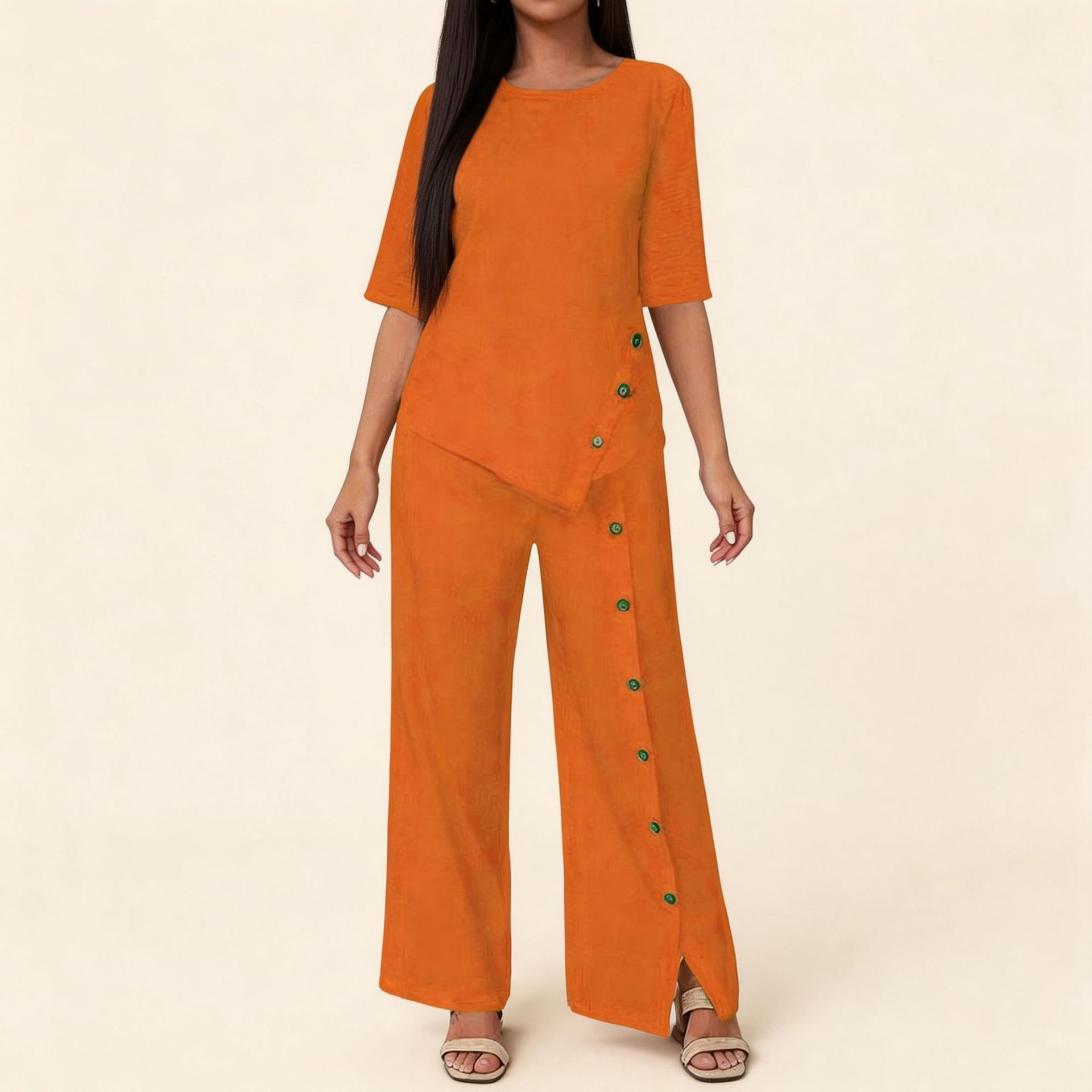 Women's Asymmetrical Hem Pant Set with Button Short-Sleeve Shirt