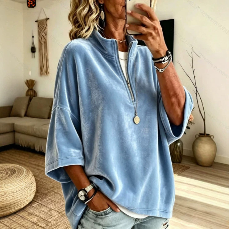Women's Loose Half-Zip Suede-Feel 3/4 Sleeve Sweatshirt Solid Color Casual Top