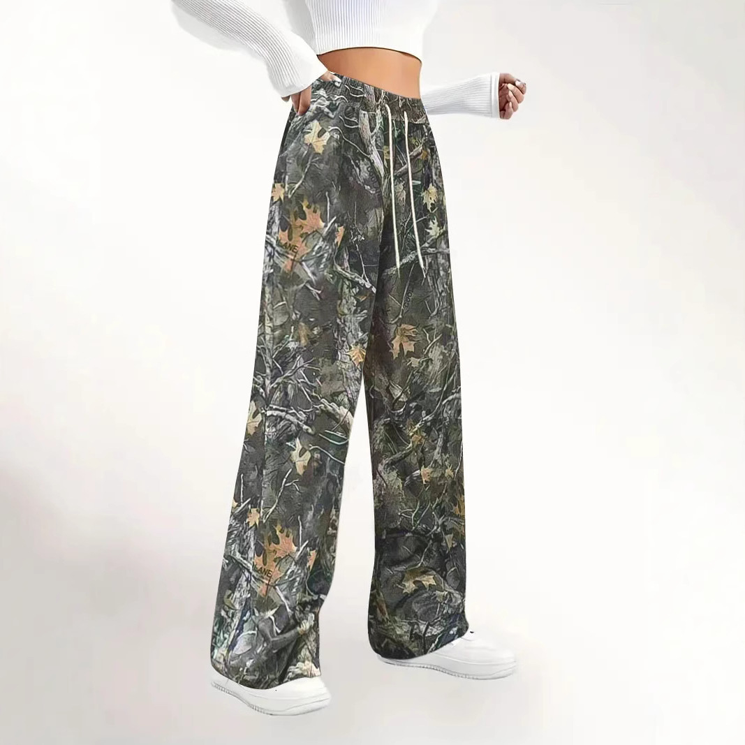 Women's Camo Print Wide-Leg Pants Elastic Waist Casual