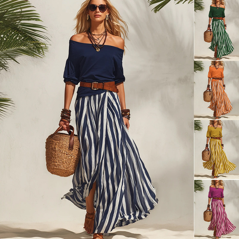 Off-Shoulder Top and Slit Skirt Women's Set