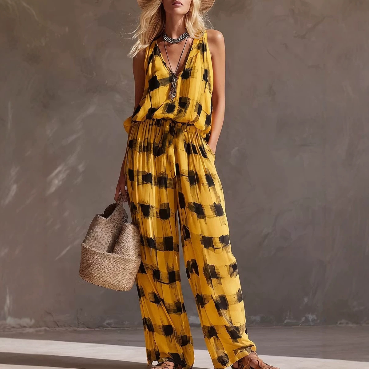 Women's Sleeveless V-Neck Printed Elastic Waist Two-Piece Set