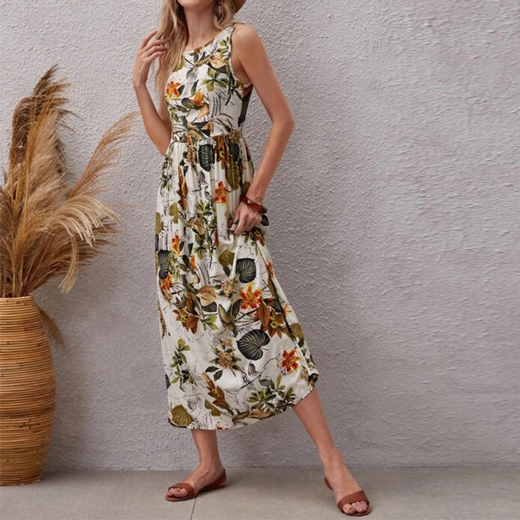 Women's Sleeveless Floral Print A-Line Midi Dress