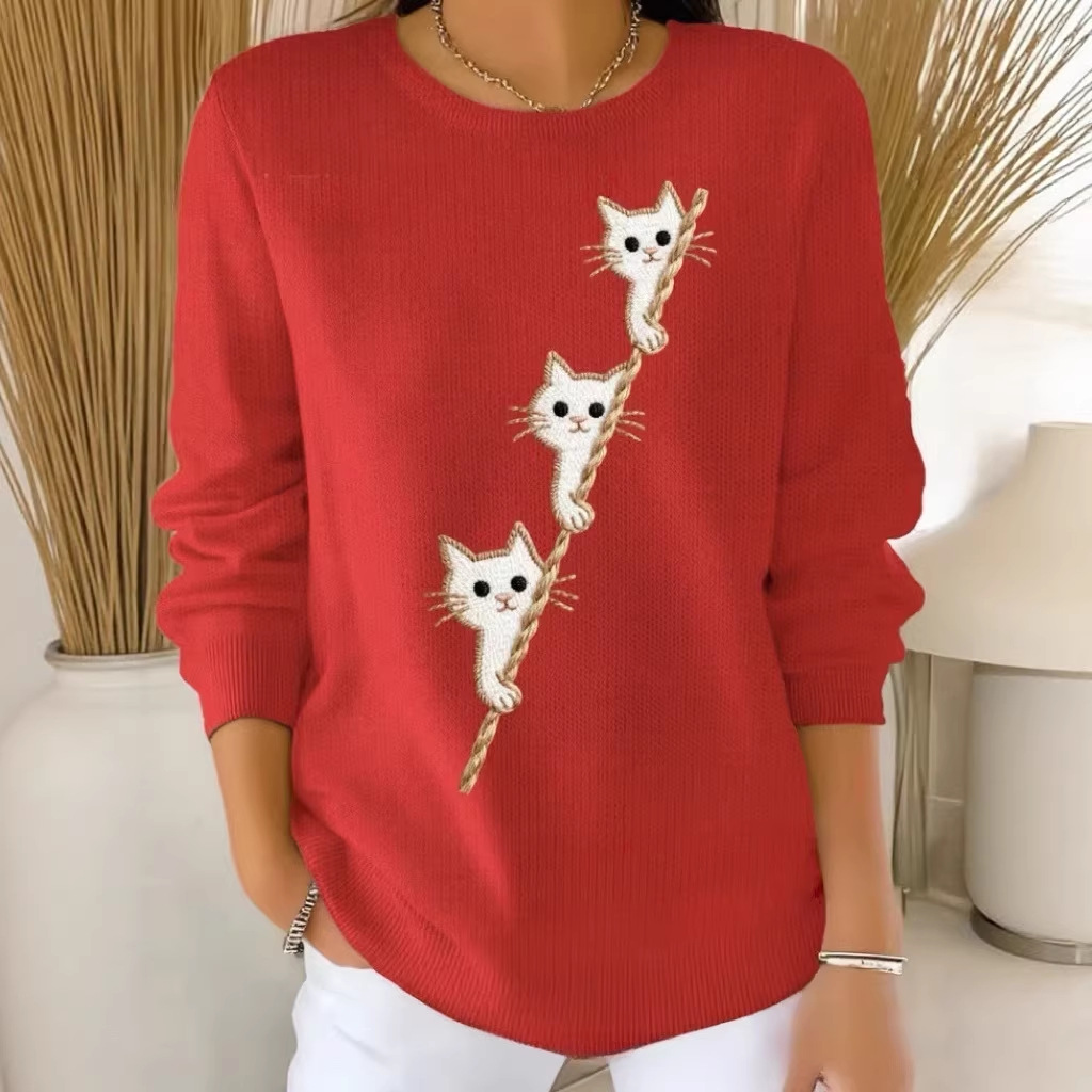 Women's Cat Ladder Print Crewneck Sweatshirt