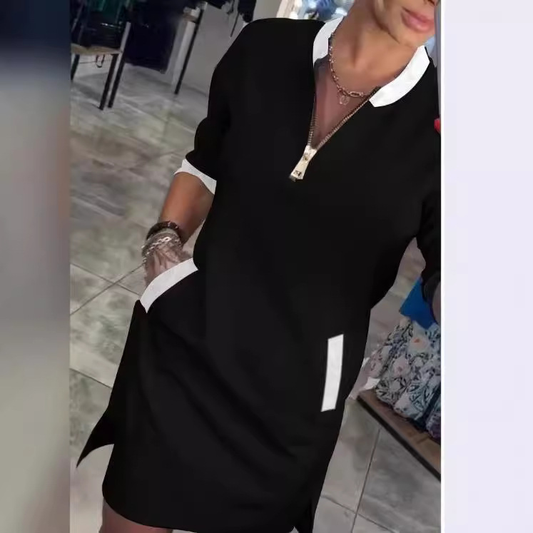 V-Neck Zip Midi A-Line Dress with Three-Quarter Sleeves