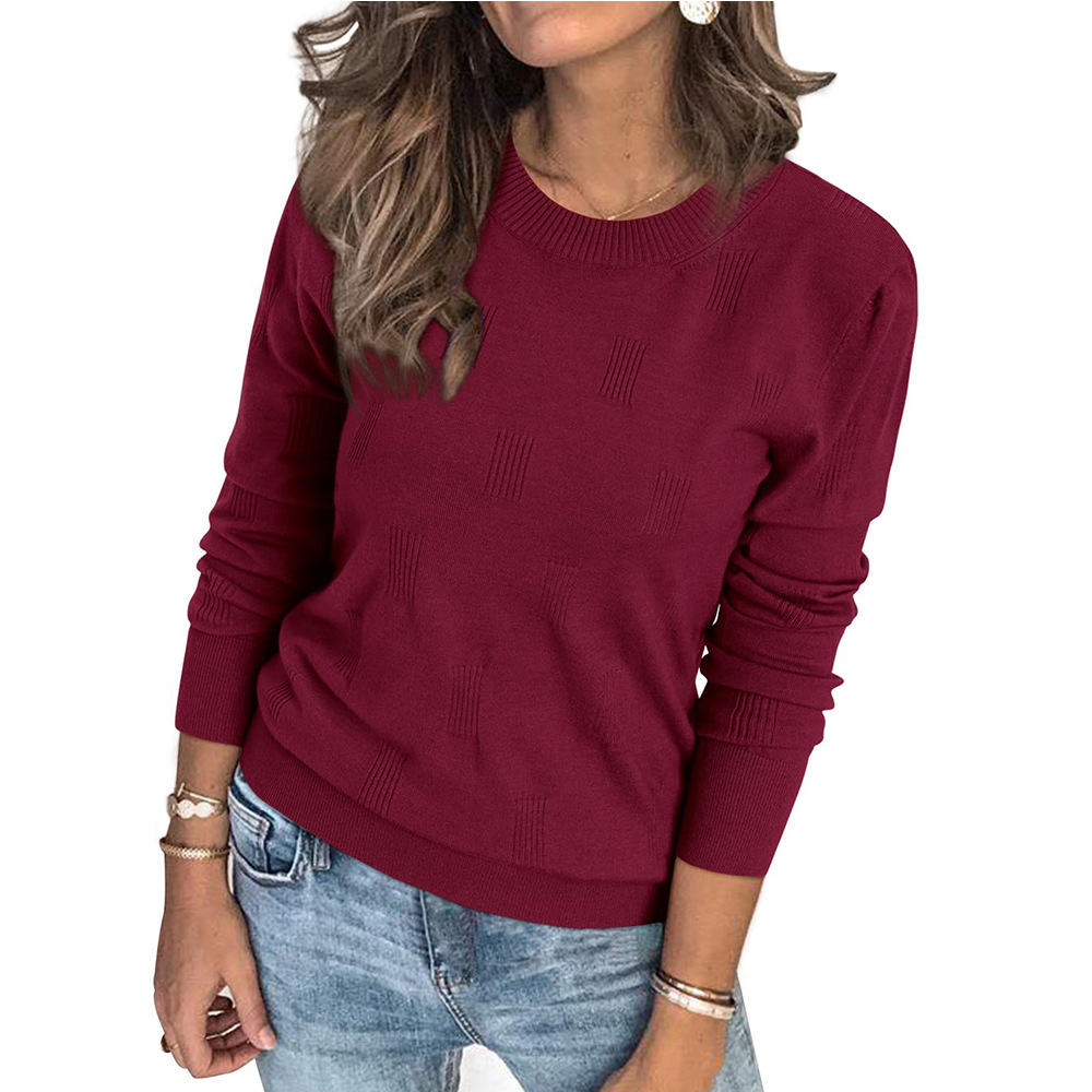 Solid Crewneck Pullover Knit Sweater with Scratch Detail Long Sleeve