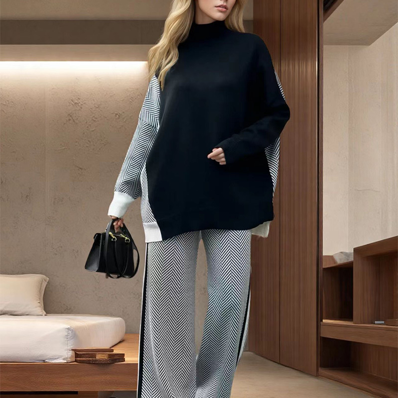 Women's Mid-Length Two-Piece Sweater Set Loose Fit Plus Size Colorblock