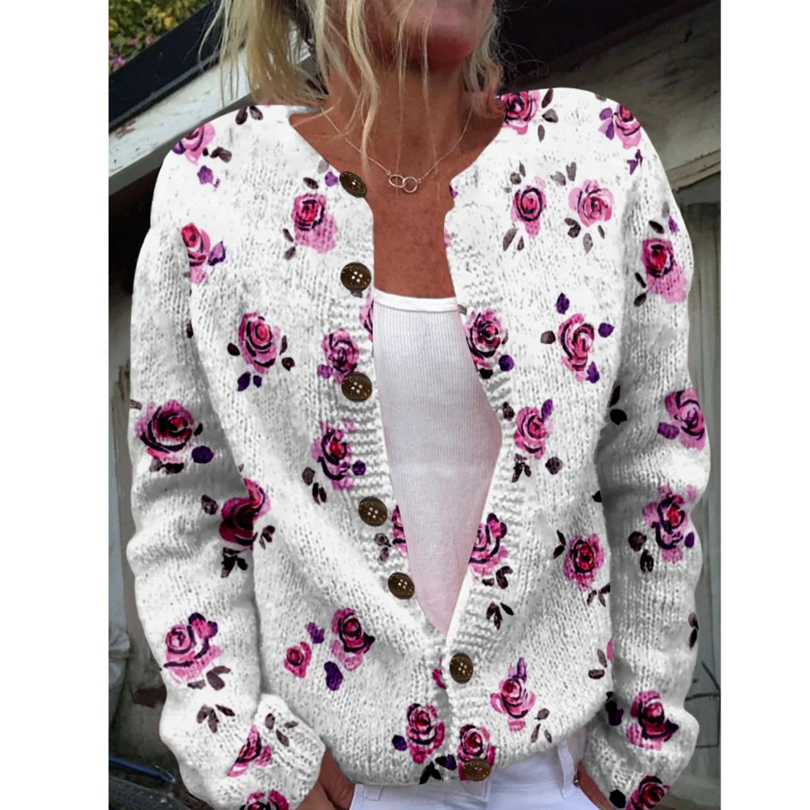 Women's Floral Print Button-Down Cardigan Sweater